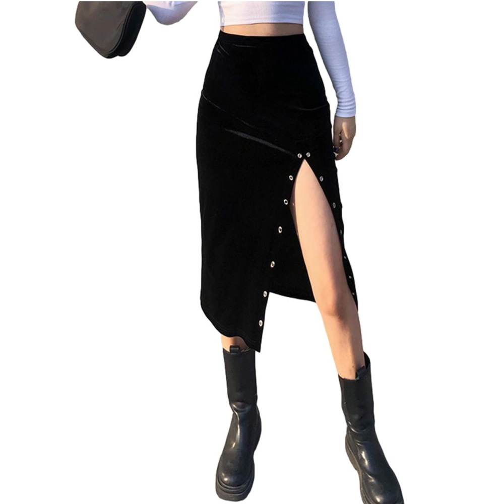 Bohemian Midi Skirts High Waist Velvet Black Maxi Skirt Split A Line Y2k